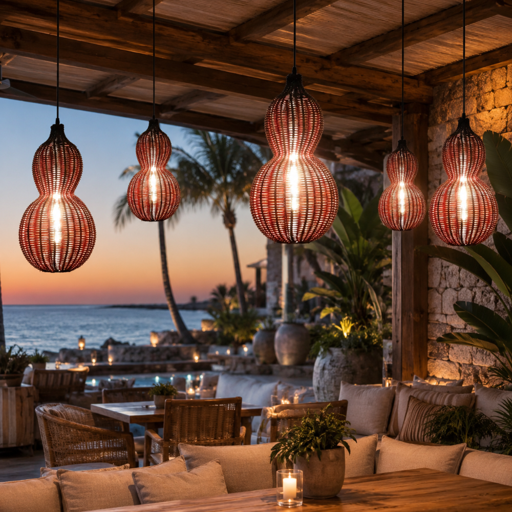 Lámpara tejida para jardín, aporta encanto y luz, ideal para ambientar noches.
