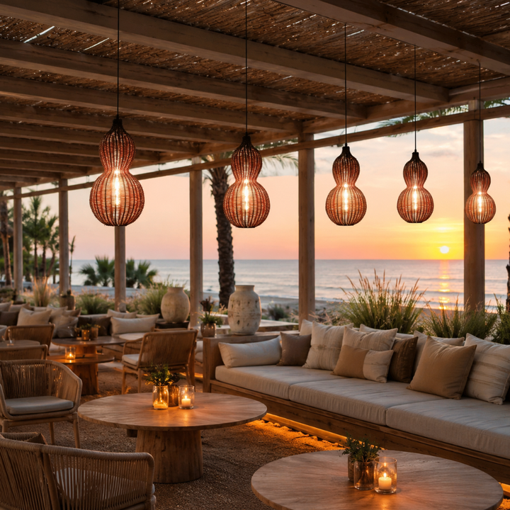 Lámpara colgante tejida, diseño exclusivo para patios, luz ambiental y decoración.