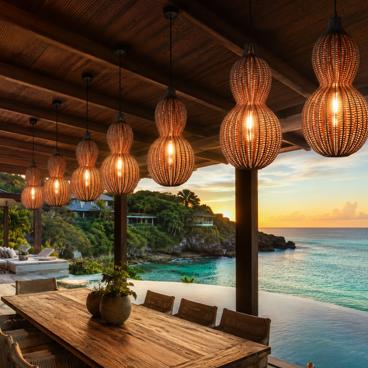 Lámpara colgante exterior tejida, ideal para crear ambiente, luz cálida para el patio.