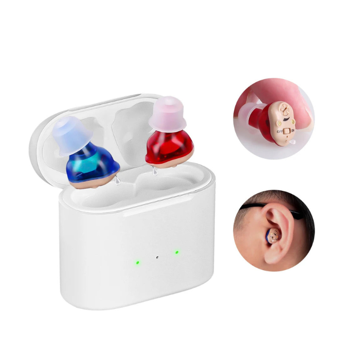 Audífonos intrauriculares recargables invisibles para una audición discreta y clara.