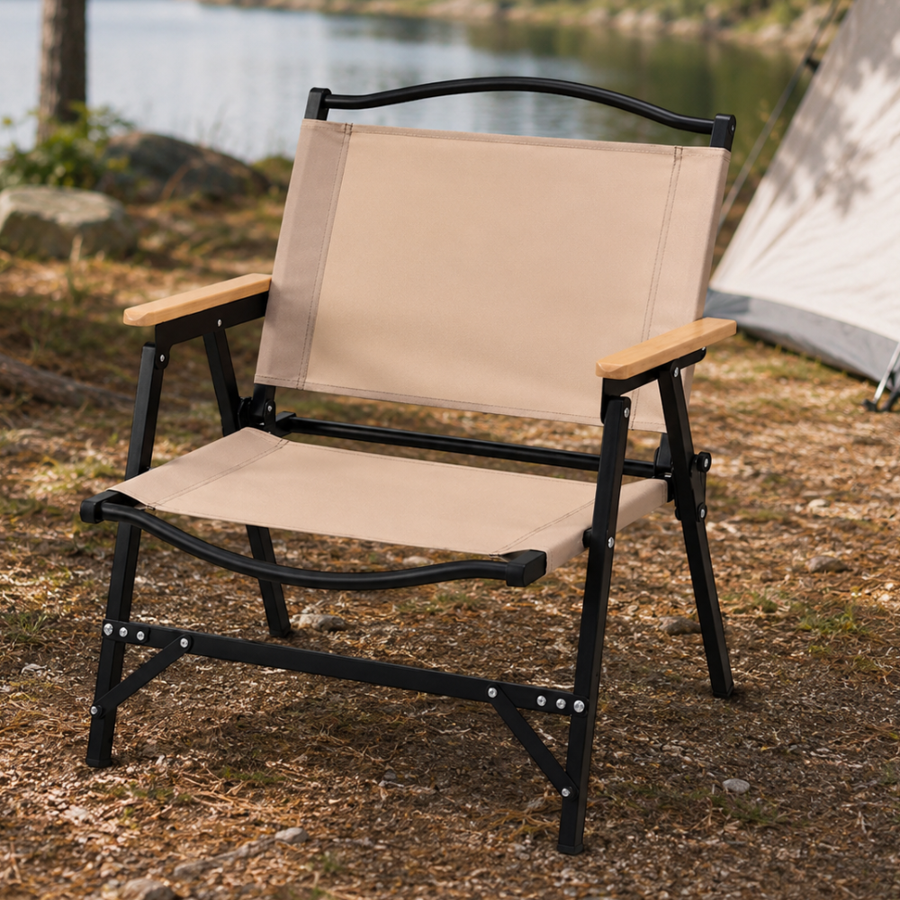 Silla de camping plegable minimalista color caqui con apoyabrazos, ideal para exterior y relajación.