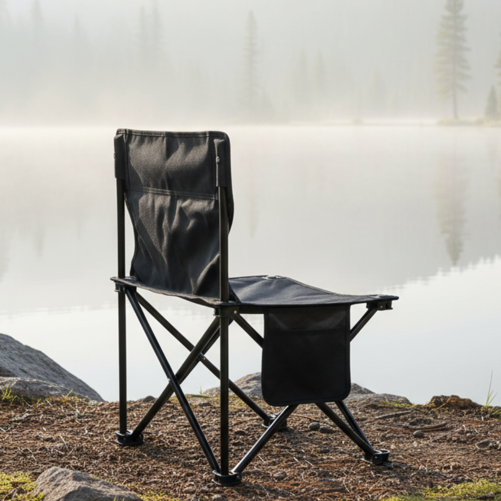 Silla plegable portátil para camping y exterior. Ideal para viajes, playa y relax.