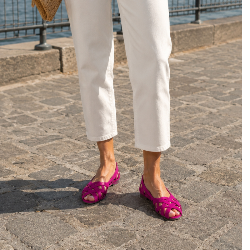 Calzado femenino de moda: sandalias planas trenzadas con puntera abierta. Ideales para la playa.