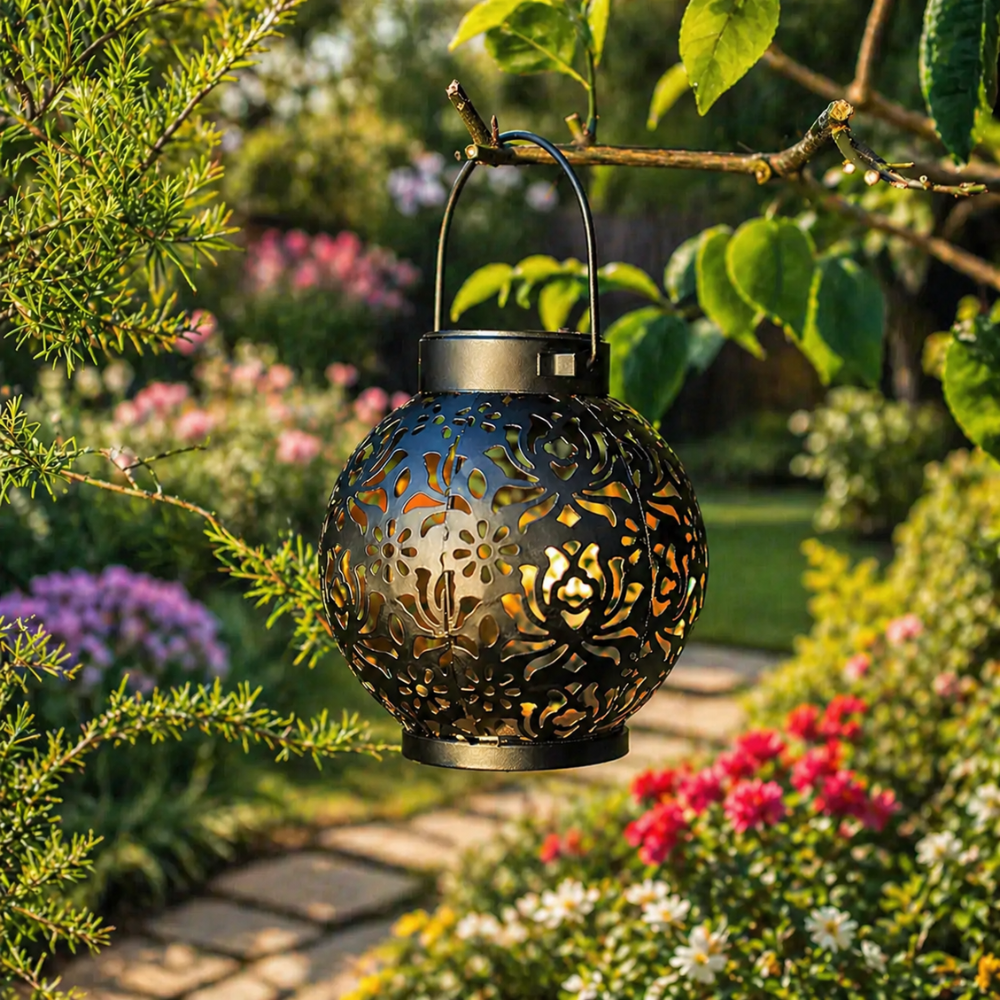 Lámpara solar de jardín con adorno floral, linterna colgante impermeable para iluminación exterior.