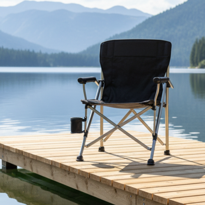 Silla de camping unisex de alta resistencia en color negro, plegable y cómoda para exteriores, camping y pesca.