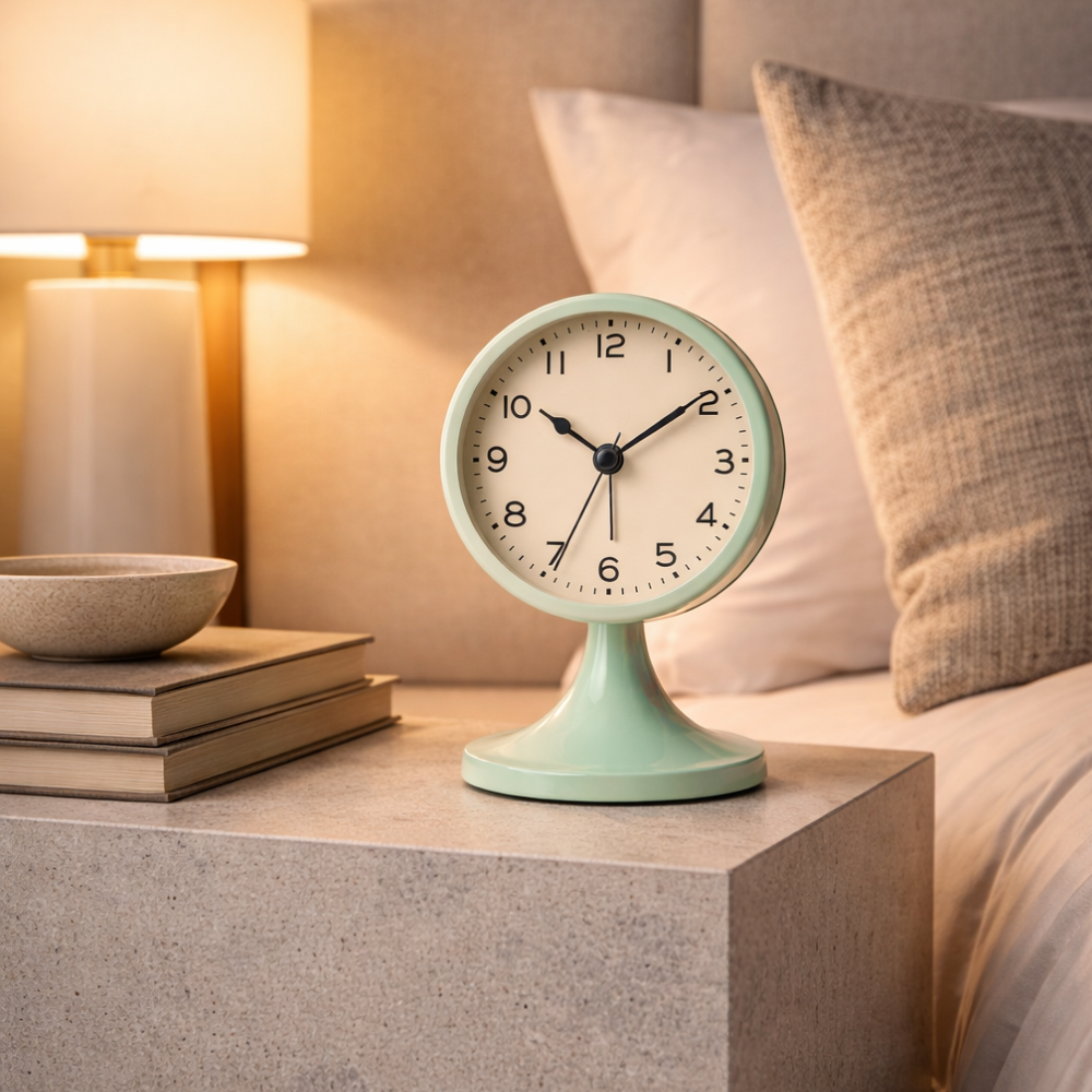 Despertador silencioso con luz nocturna, estilo retro ideal para decoración del hogar o dormitorio.