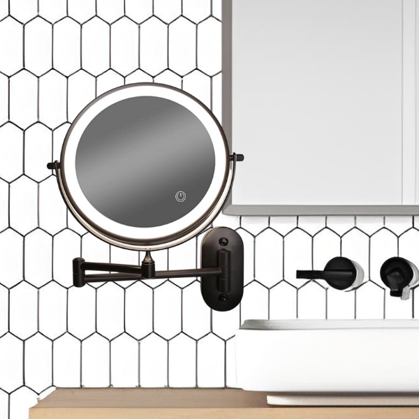 Espejo de belleza recargable negro con luz LED, diseño moderno y montaje en pared para baño o tocador.