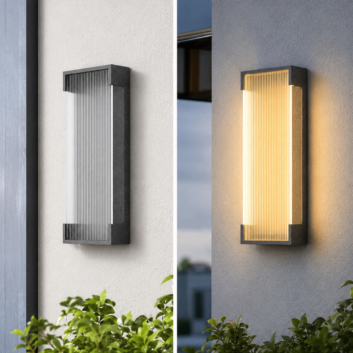 Aplique LED moderno regulable de acero inoxidable, eficiencia energética para exterior.