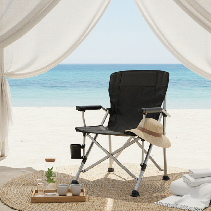 Silla exterior negra de alta resistencia, plegable y portátil. Perfecta para camping, pesca y relax en el jardín.