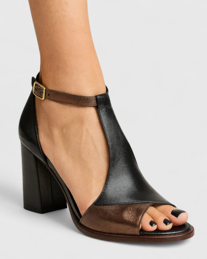 Calzado femenino: Sandalias negras de tacón bloque para mujer, ideal para comodidad y estilo en la oficina o eventos de verano.