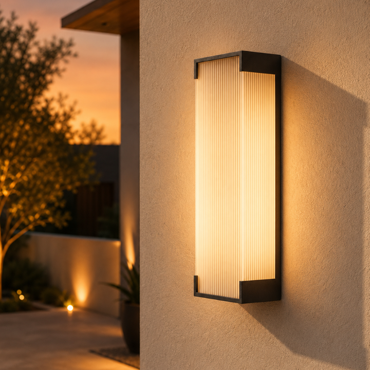 Iluminación LED de pared en acero inoxidable, diseño moderno para jardín y patio.