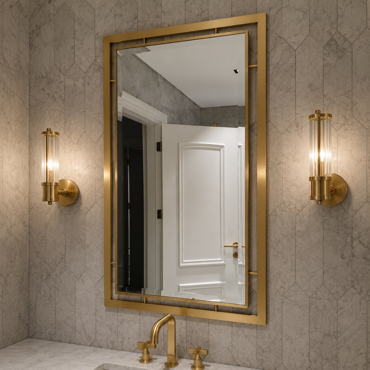 Luz de pared LED dorada para baño moderno, diseño chic y ahorro energético.
