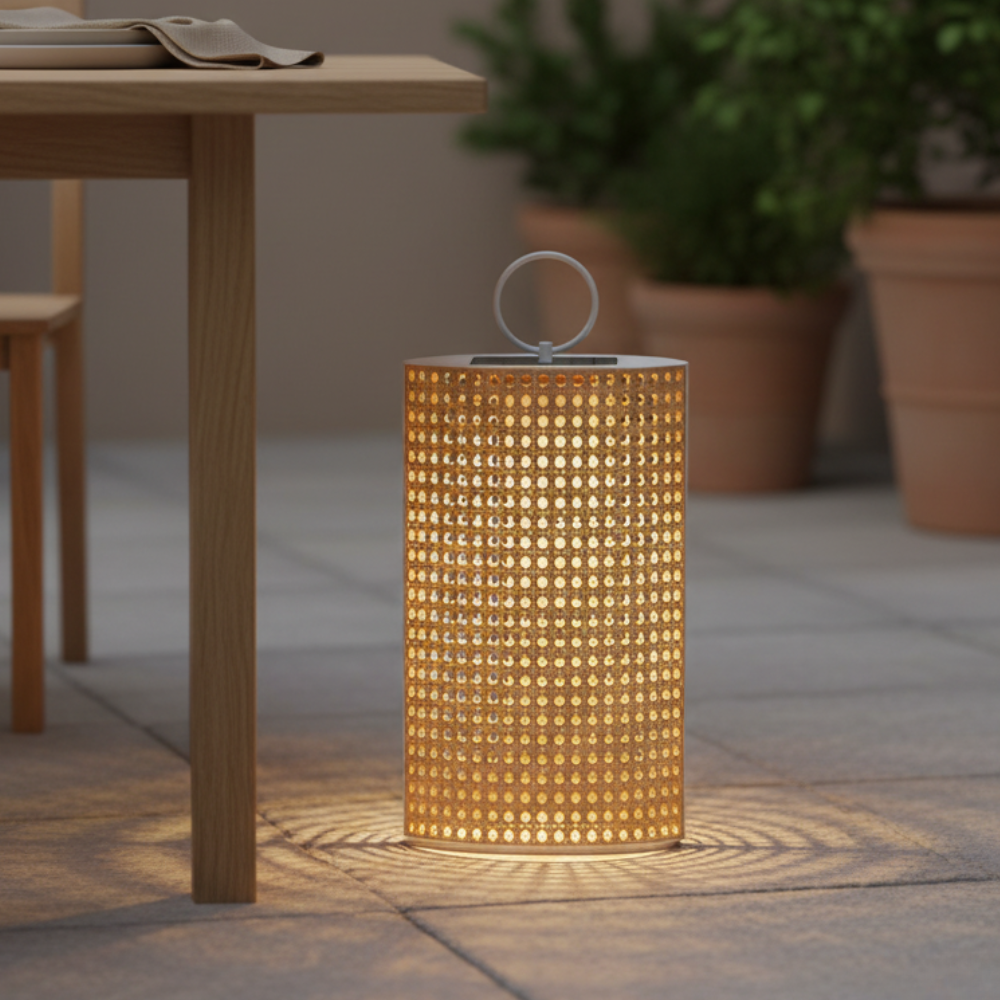 Linterna LED exterior con energía solar, decoración elegante para patio.