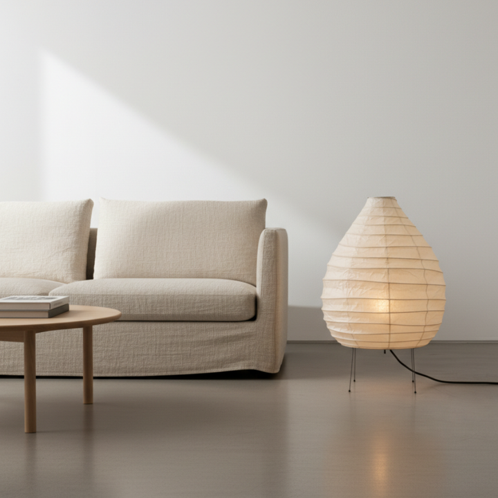 Lámpara Japandi que crea una luz ambiente relajante, ideal para dormitorio o sala de lectura zen.