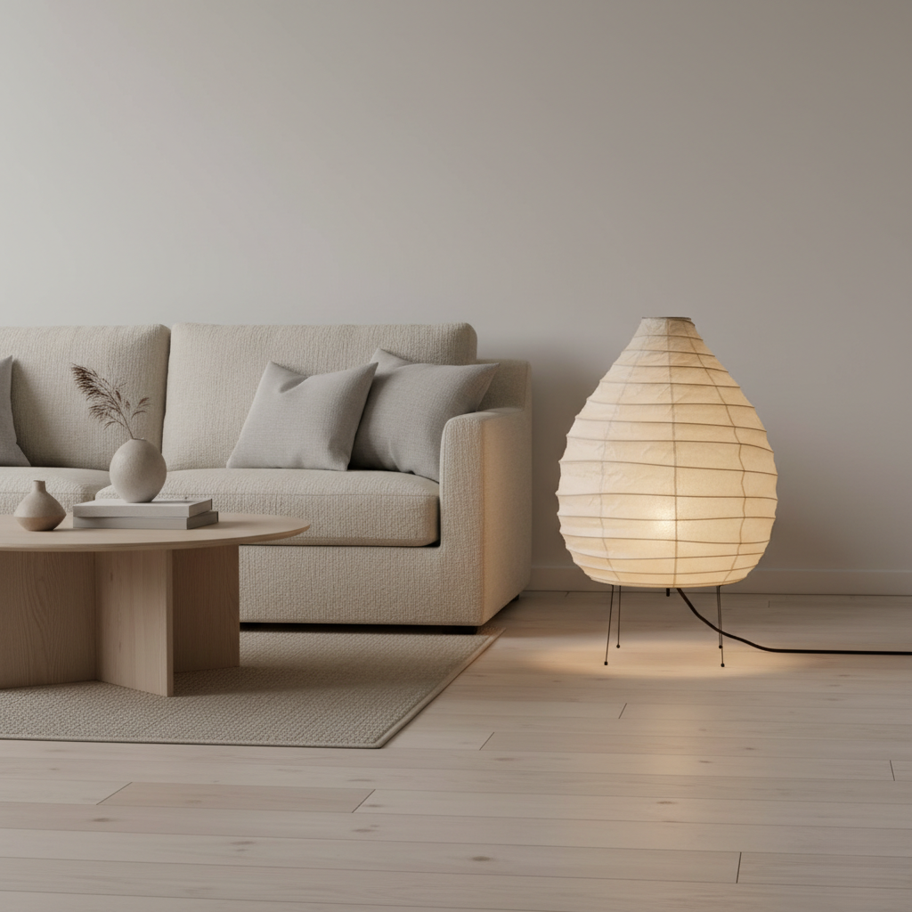 Lámpara de suelo Japandi, minimalista y moderna, perfecta para crear luz ambiente en sala de estar.