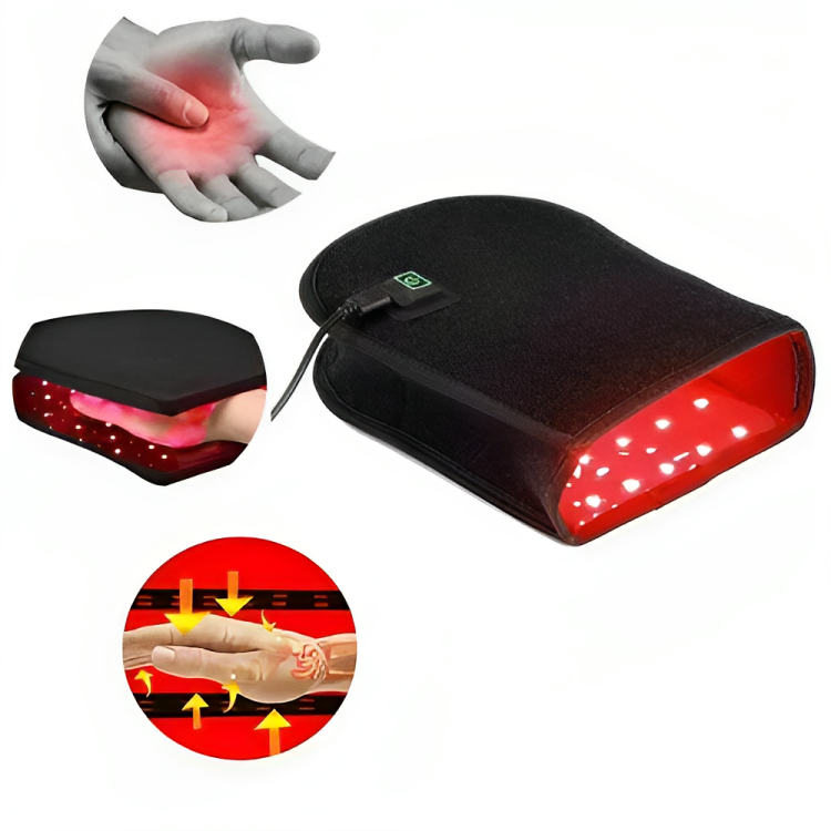 Manos relajadas con guantes de terapia infrarroja, ideal para alivio de artritis y rigidez.