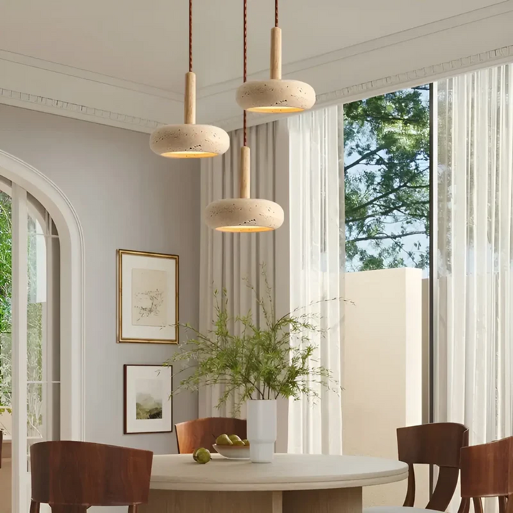 Colgante LED de diseño japonés con materiales naturales: piedra y madera, Ø 15cm, luz regulable.