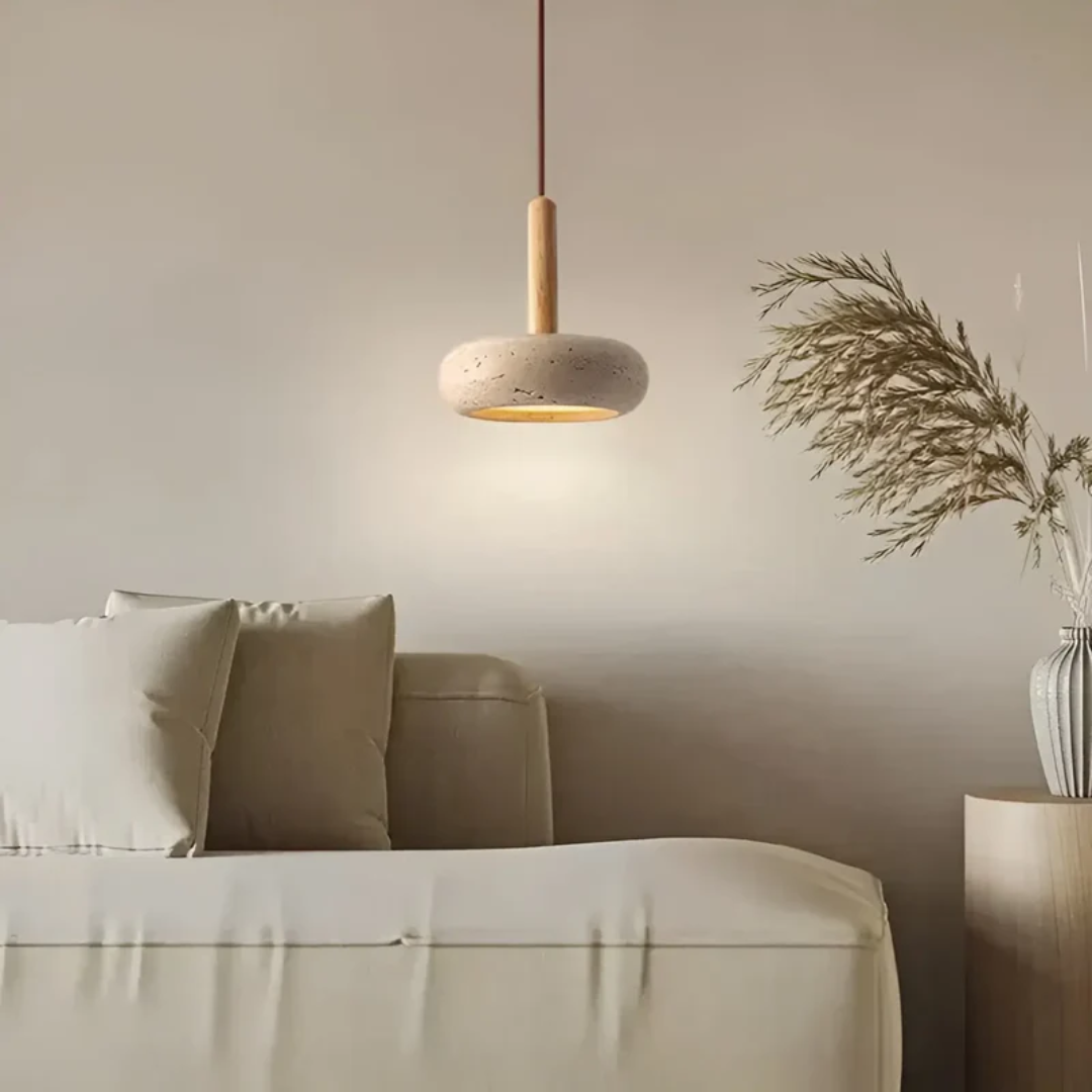 Iluminación decorativa LED japonesa, Ø 15cm, combina piedra auténtica y madera, para un hogar natural.