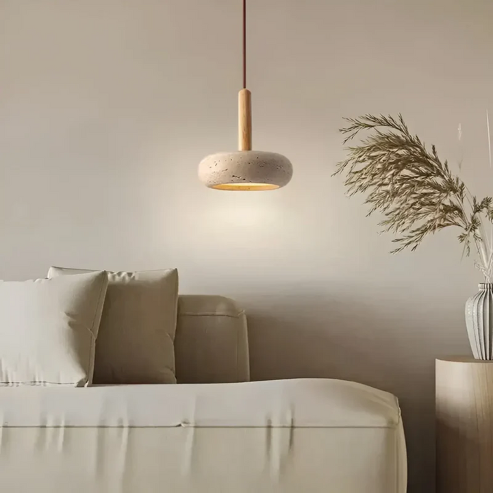 Iluminación decorativa LED japonesa, Ø 15cm, combina piedra auténtica y madera, para un hogar natural.