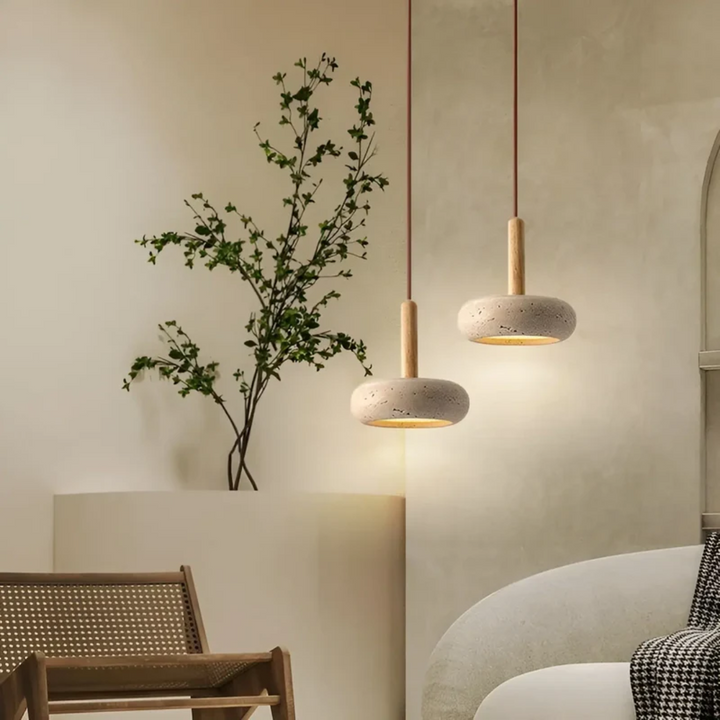 Estilo japonés retro: lámpara colgante LED Ø 15cm, con piedra texturizada y madera, luz ambiente.