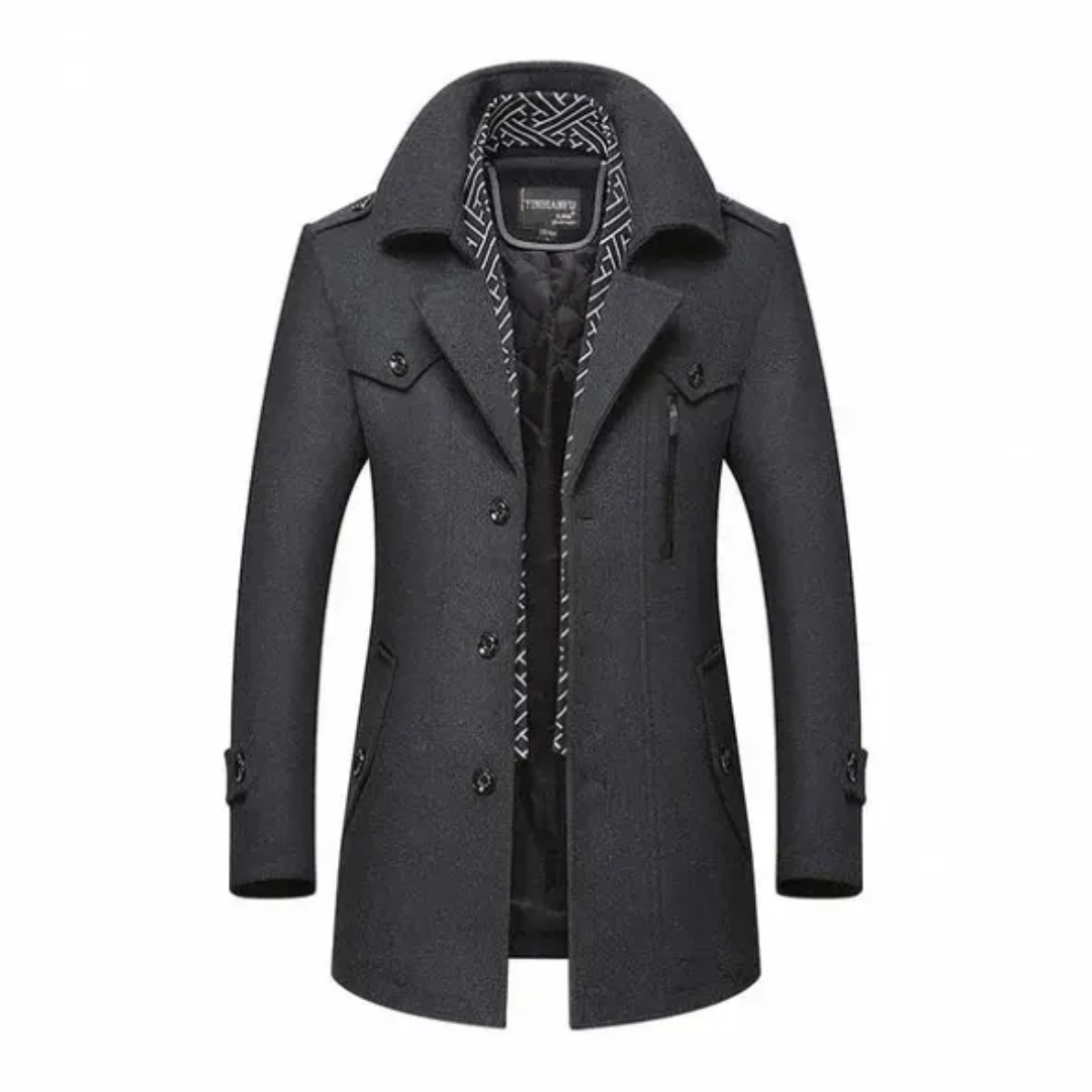 Elegante abrigo cruzado largo para hombre. Diseño clásico, sofisticado, perfecto como prenda exterior de invierno.