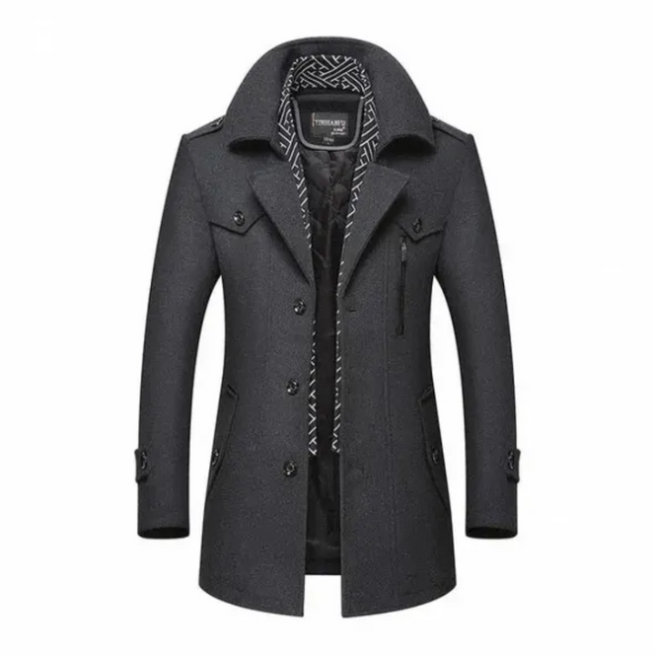 Elegante abrigo cruzado largo para hombre. Diseño clásico, sofisticado, perfecto como prenda exterior de invierno.