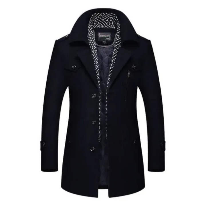 Abrigo largo clásico para hombre, estilo elegante y atemporal, ideal para invierno y moda masculina.