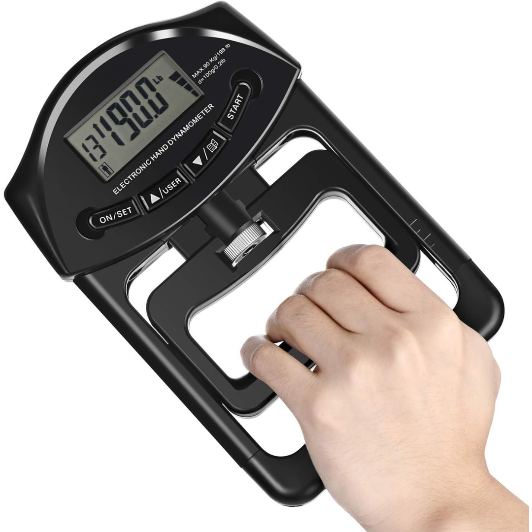 Medidor digital de fuerza de agarre. Herramienta esencial para entrenamiento de mano y terapia física.