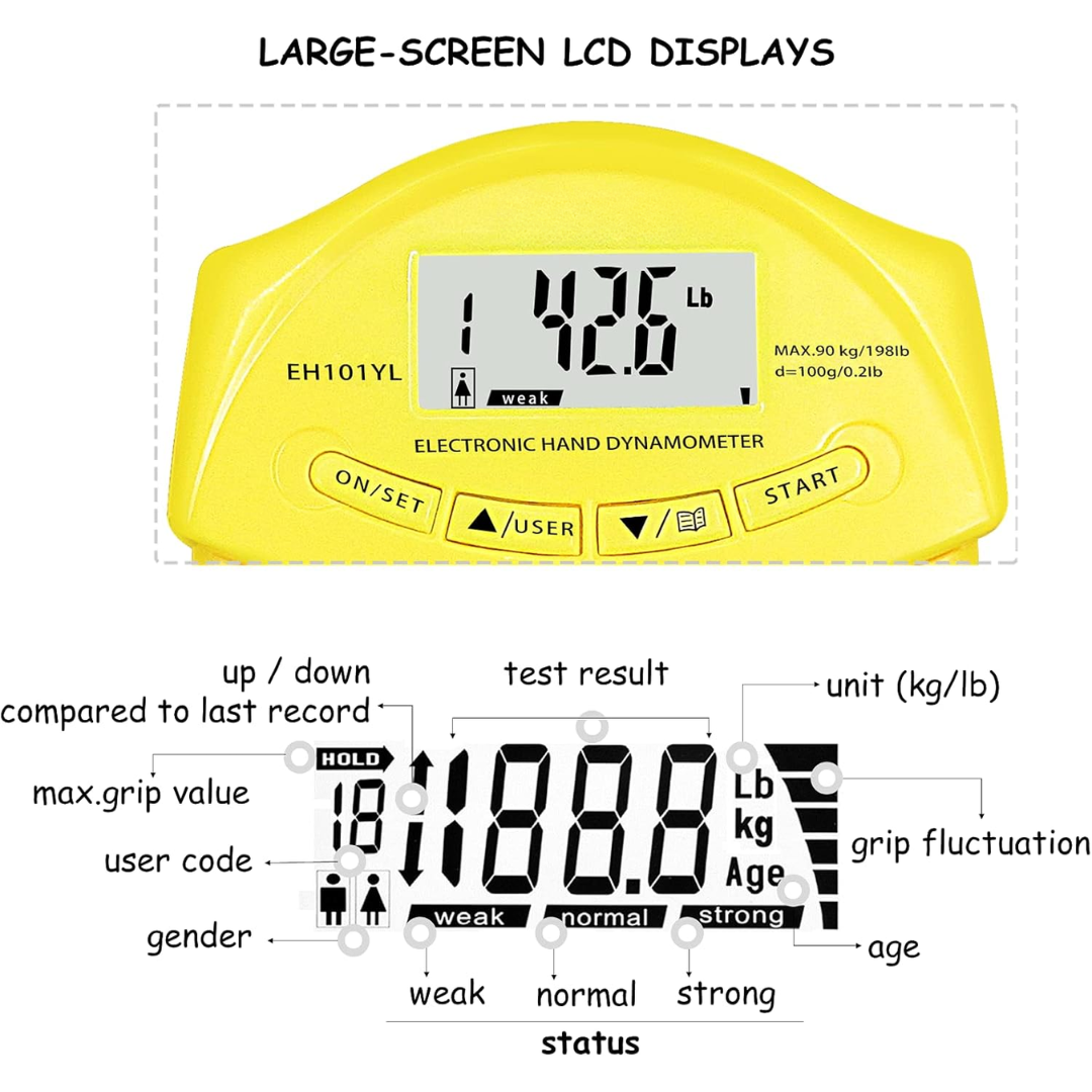 Dinamómetro de mano con pantalla digital. Medición precisa de fuerza de agarre para fitness y deporte.