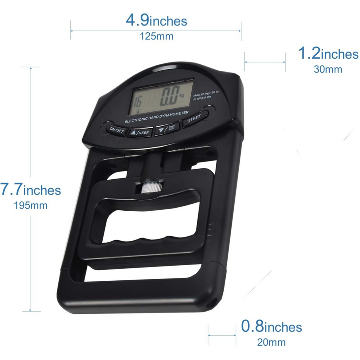 Dinamómetro digital ergonómico para análisis de fuerza de agarre. Perfecto para atletas y rehabilitación.