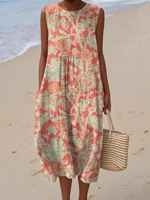 Vestido midi floral sin mangas para mujer, estampado vibrante, ideal para verano, estilo elegante y fluido.