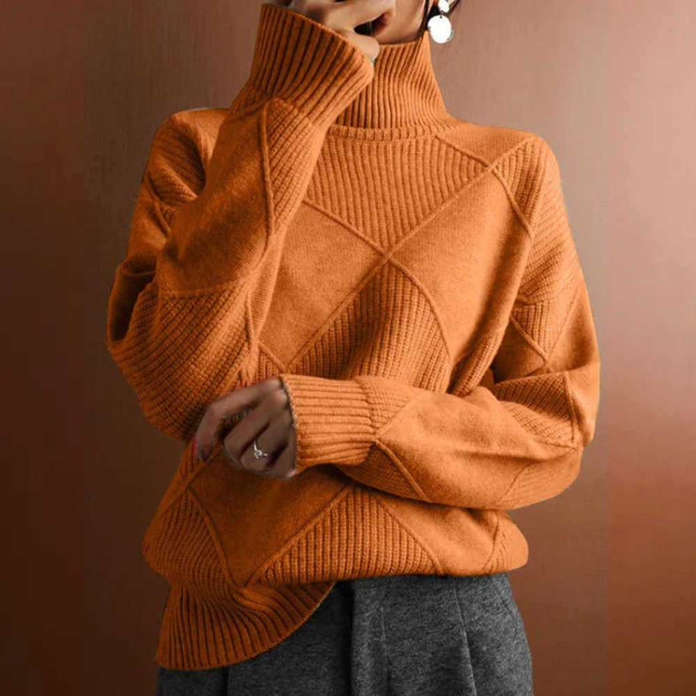 Suéter de cuello alto para mujer, diseño estructurado, ideal para looks de invierno.