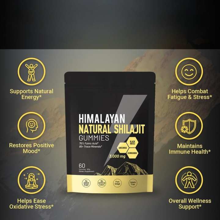 Gomitas adaptógenas de shilajit puro y ashwagandha. Mejora la resistencia, energía y bienestar general.
