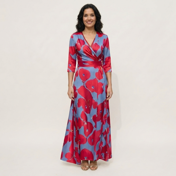 Vestido largo floral elegante para mujer con escote V envolvente, ideal para verano y fiestas. Estilo cómodo.