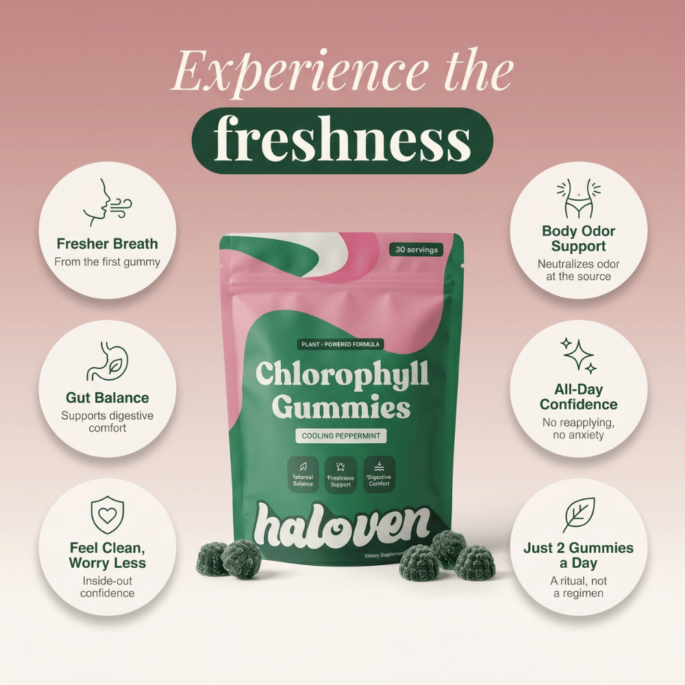 Suplemento masticable de clorofila en gominolas para frescura y detox corporal.