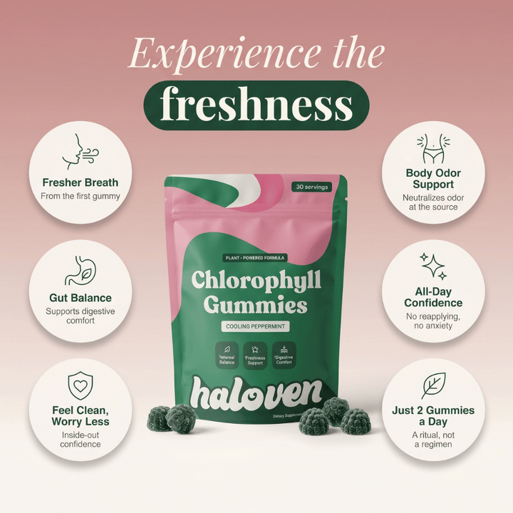 Suplemento masticable de clorofila en gominolas para frescura y detox corporal.