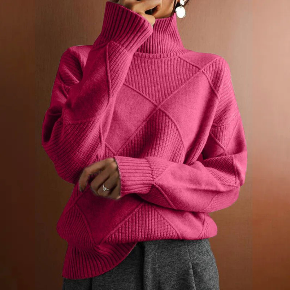 Ropa abrigadora de mujer: suéter tejido de cuello alto, elegante y estructurado.