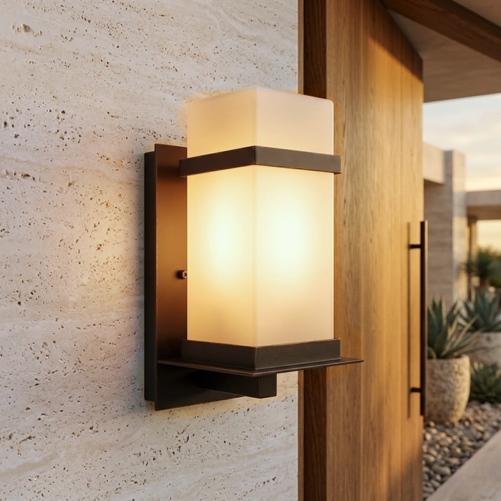 Lámpara de pared exterior elegante para jardín. Aplique de metal y vidrio, iluminación IP65 duradera.