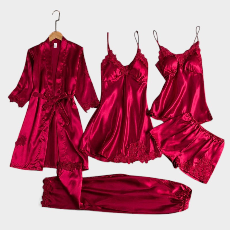Conjunto lencería femenina 5 piezas de satén y encaje. Ropa interior sedosa y elegante para mujer.