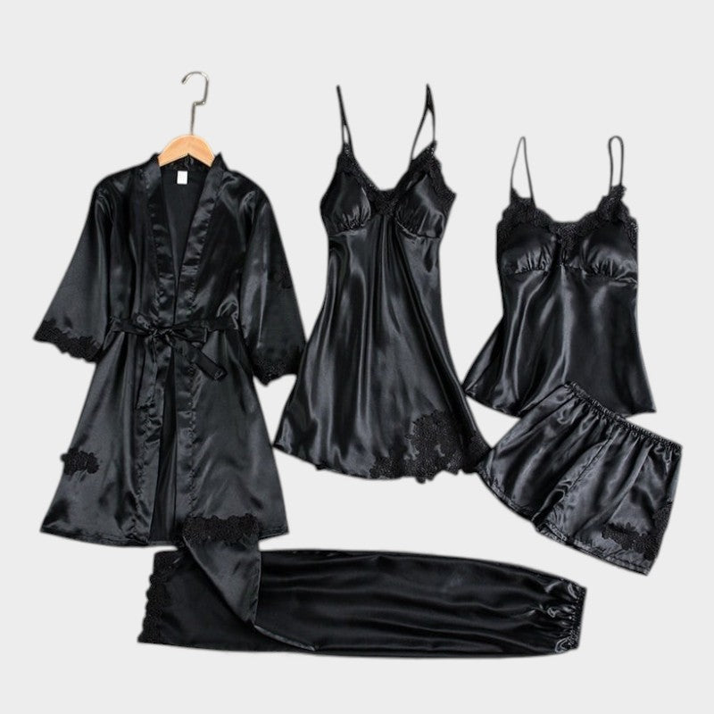 Conjunto lencería 5 piezas: top, shorts, bata. Satén y encaje. Ropa interior sensual y cómoda para mujer.
