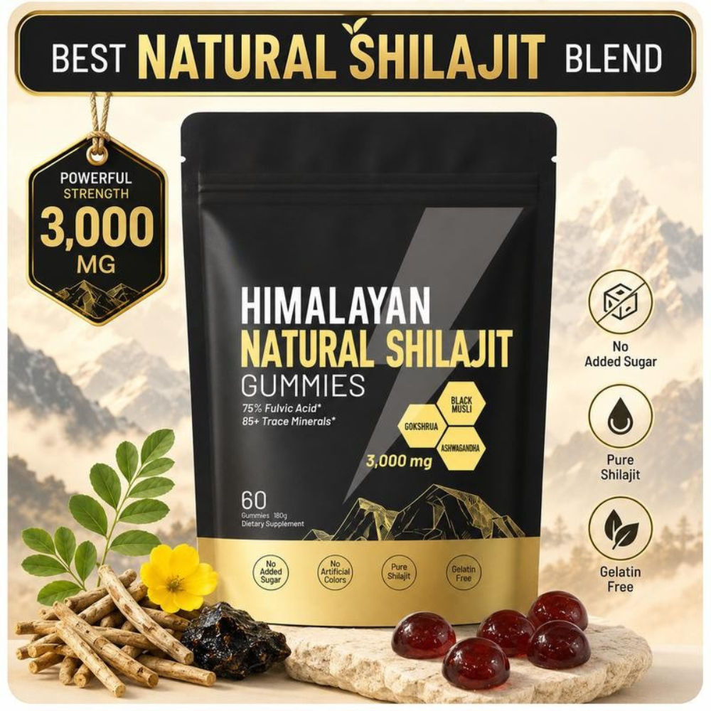 Suplemento masticable: gomitas de shilajit y ashwagandha para aumentar energía y concentración. Bienestar natural.
