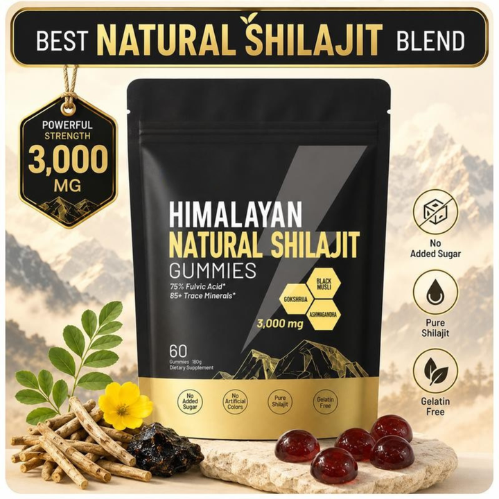 Suplemento masticable: gomitas de shilajit y ashwagandha para aumentar energía y concentración. Bienestar natural.