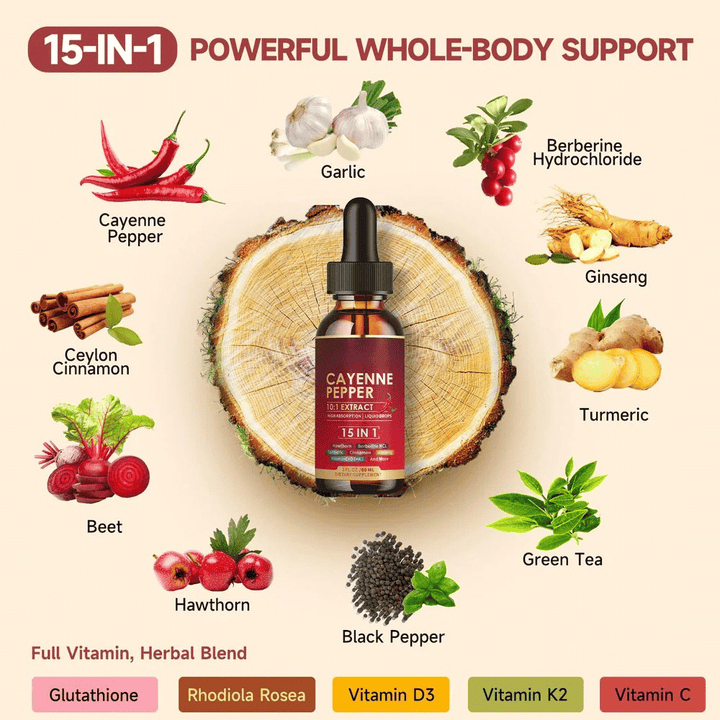 Gotas de cayena con antioxidantes para vitalidad, salud y bienestar cardiovascular.