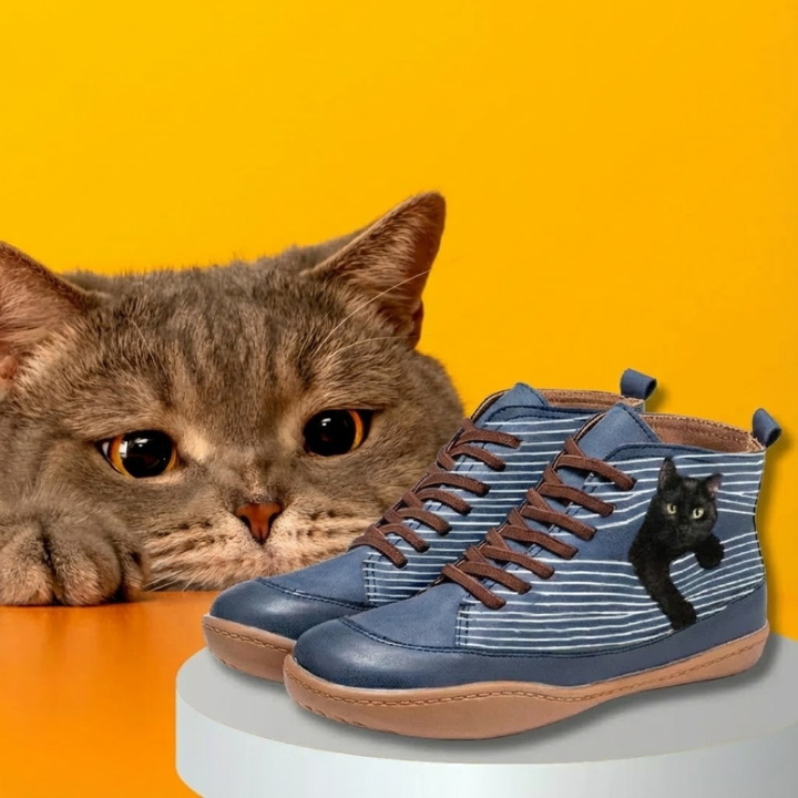 Botines de mujer casuales con detalle de gato, cómodos y versátiles para otoño/invierno. Estilo felino único.