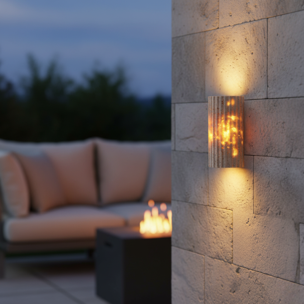 Iluminación LED de pared para jardín y patio, lámpara exterior de travertino natural y duradero.