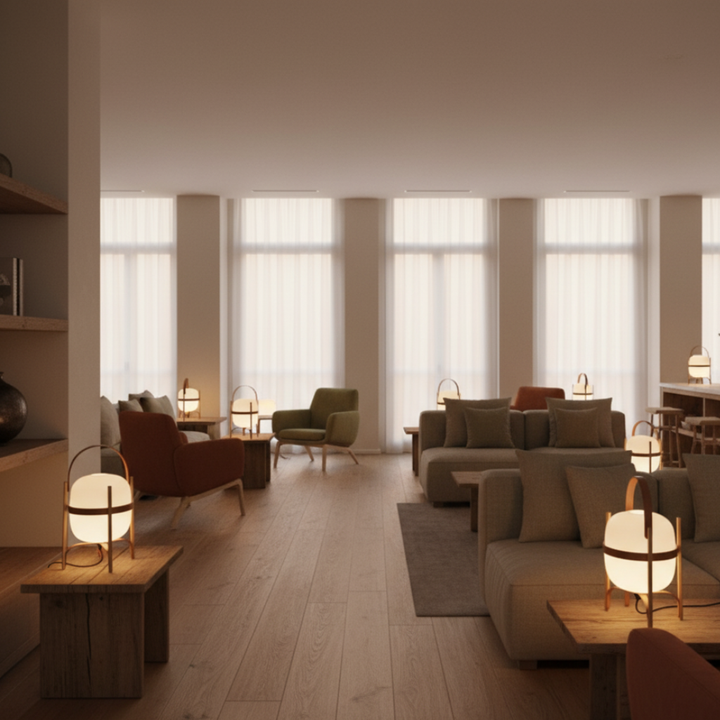 Lámpara vintage tipo linterna iluminando una sala de estar moderna. Decoración elegante y ambiente cálido.