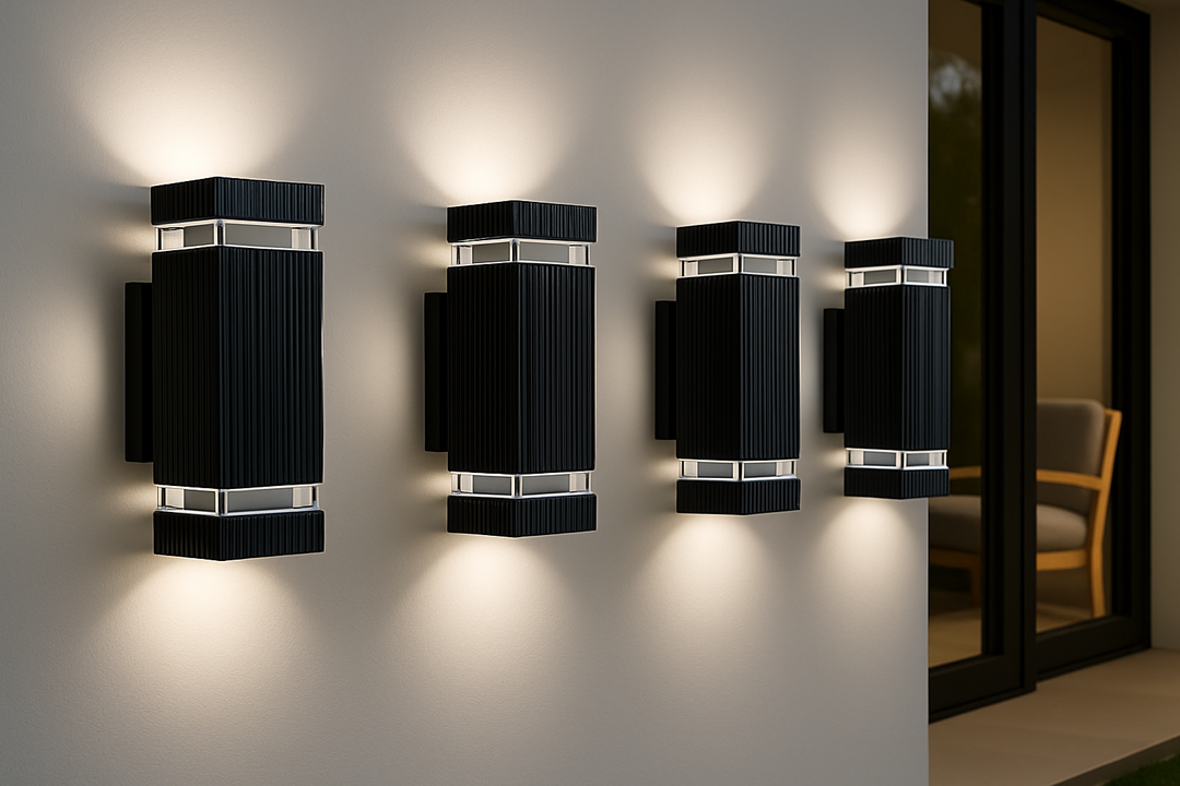 Aplique de pared exterior negro, luz GU10 bidireccional. Protección IP65 para zonas de jardín y entrada.