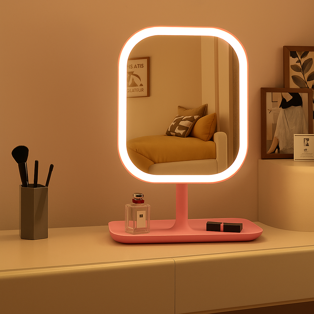 Espejo de belleza LED recargable rosa, con control táctil para iluminación regulable de maquillaje.