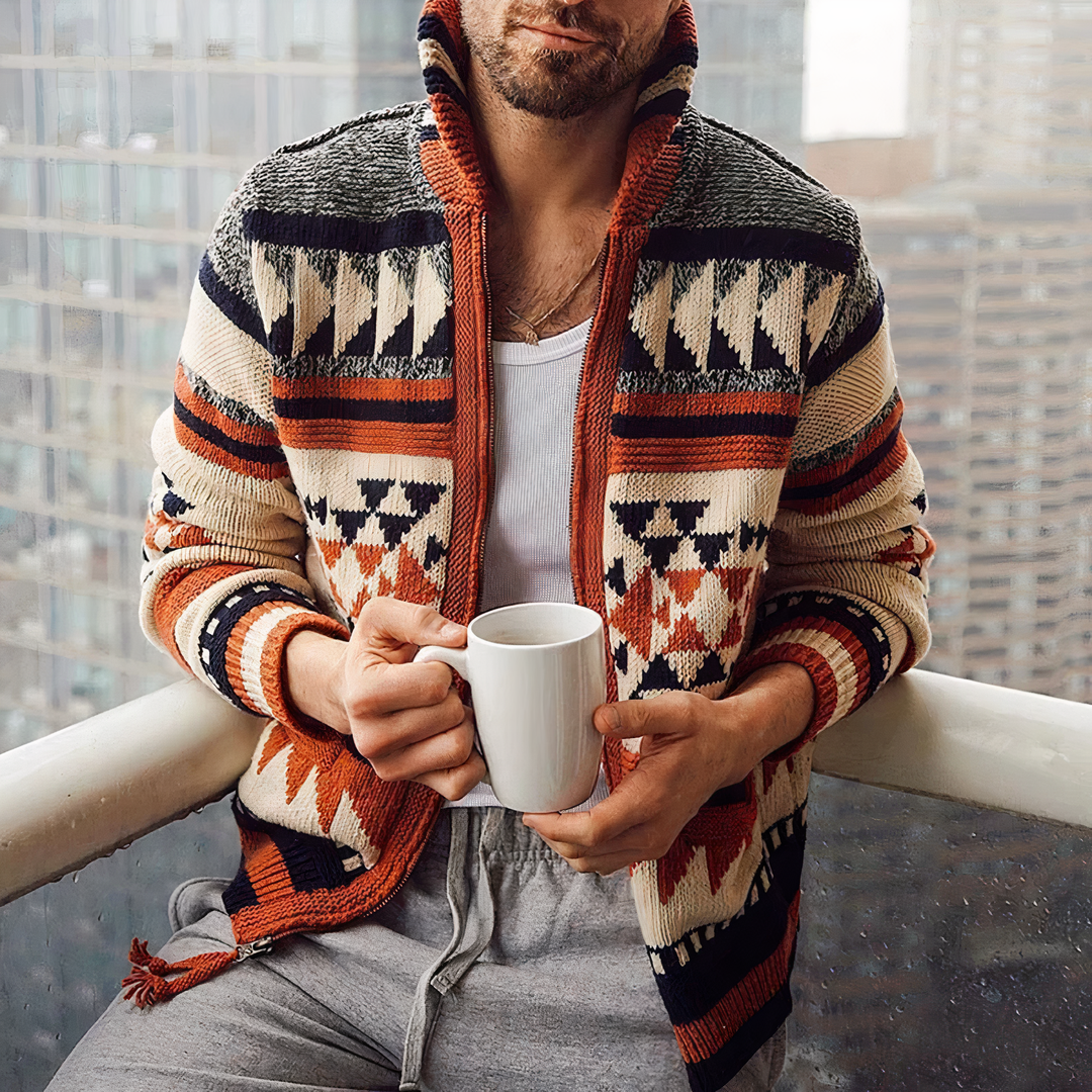 Cárdigan de jacquard rojo para hombre, elegante y casual, ideal para otoño e invierno. Moda masculina.
