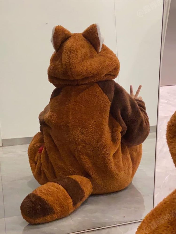 Pijama divertido de panda rojo con capucha para adultos, para relajarse o fiestas temáticas.